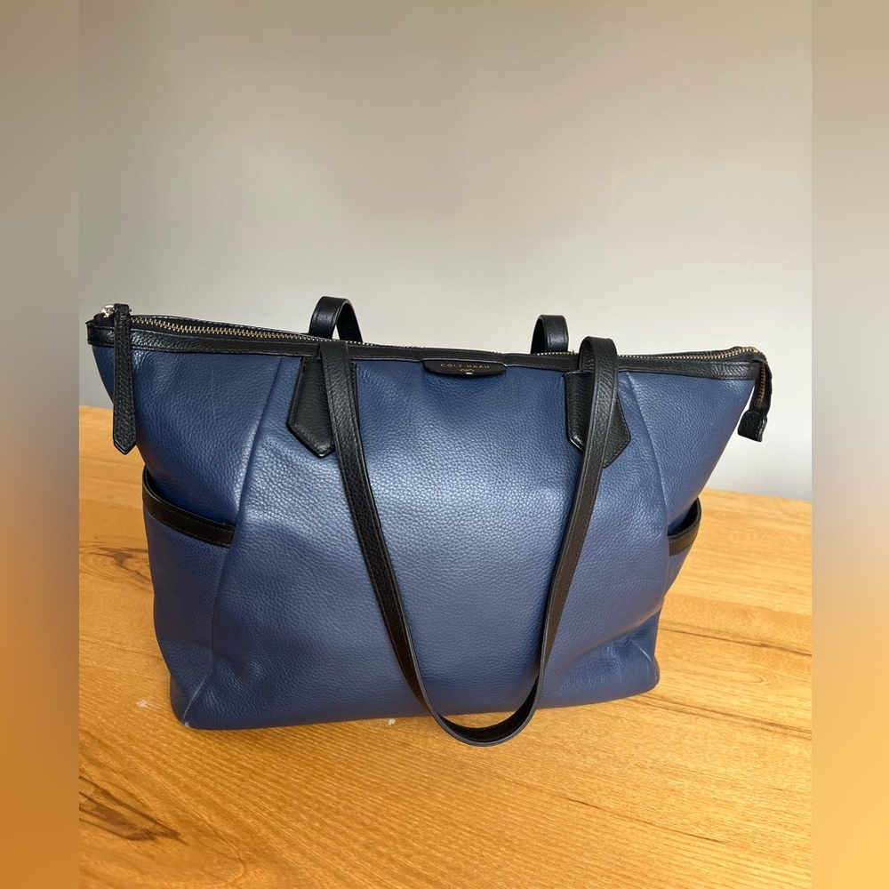 Navy Blue Black Accent Leather Cole Haan Tote Bag